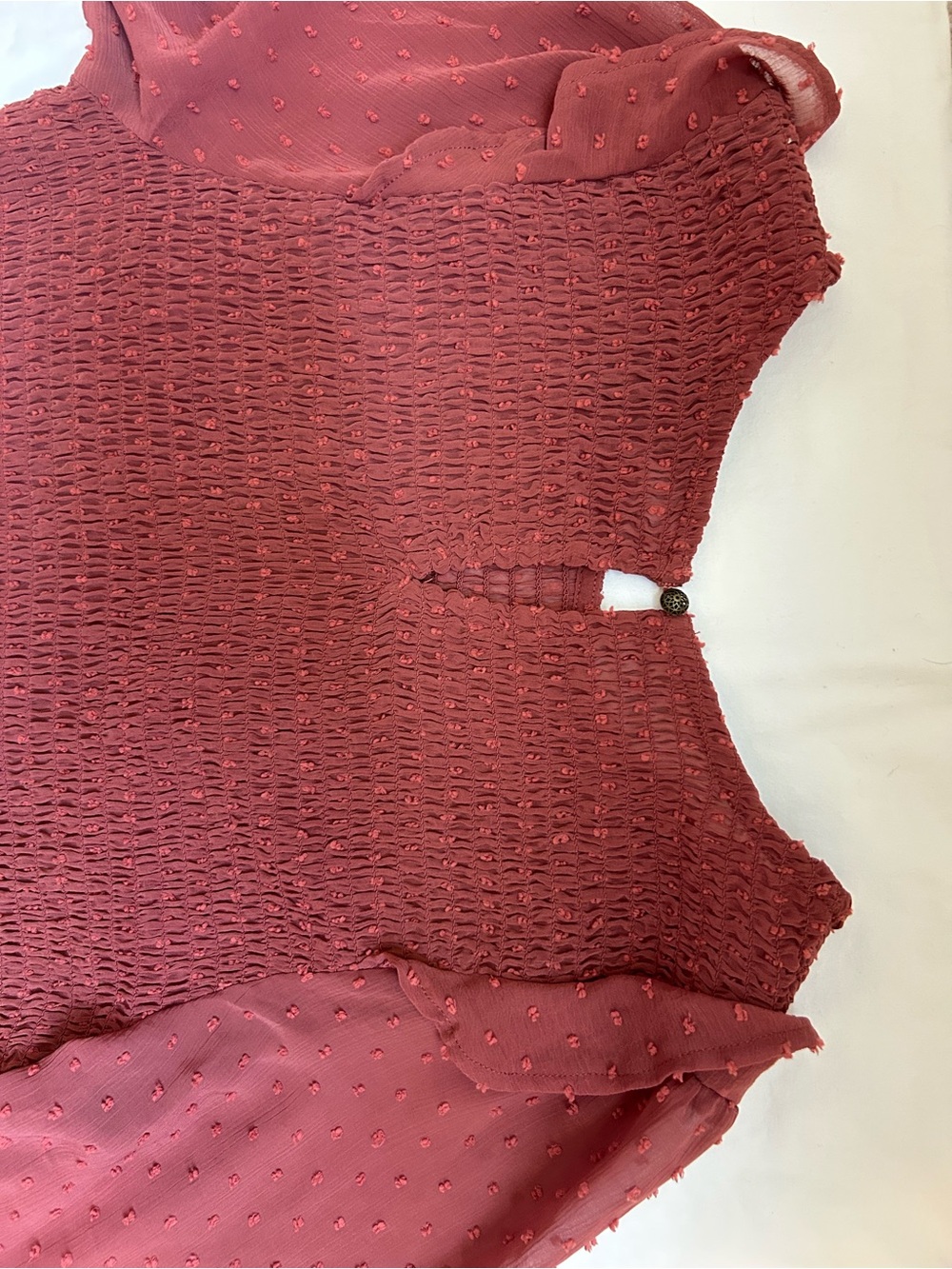 Oak & Trellis Dusty Rose Smocked Swiss Dot Peplum Blouse Large - Picture 9 of 10